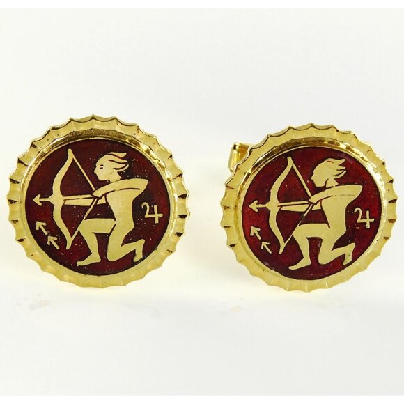 Sagittarius Cufflinks Vintage Zodiac Sign Astrology Jewelry Dark Red Goldtone - Picture 1 of 2